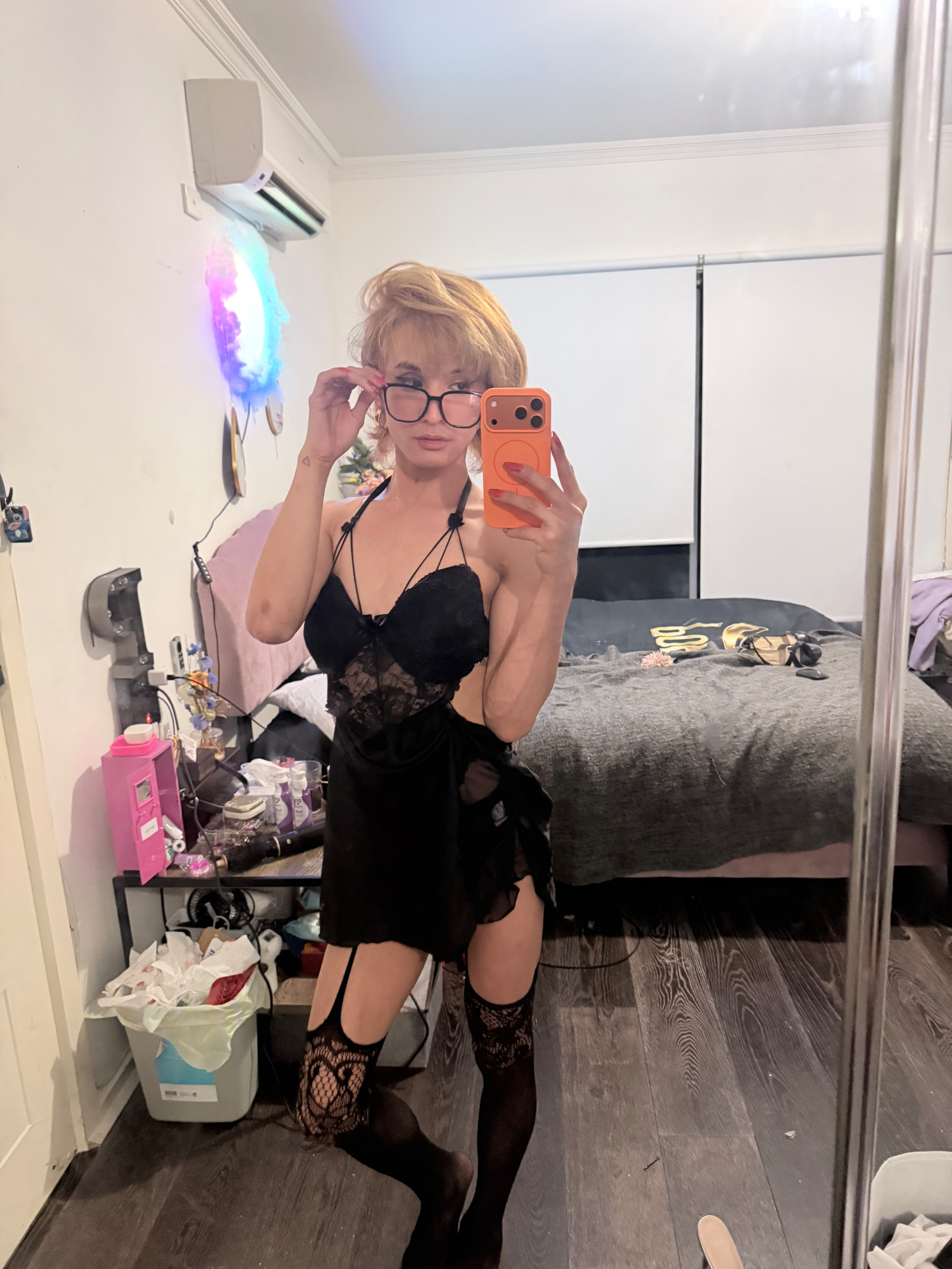POR$CHA in black lace and stockings, bedroom mirror self-portrait