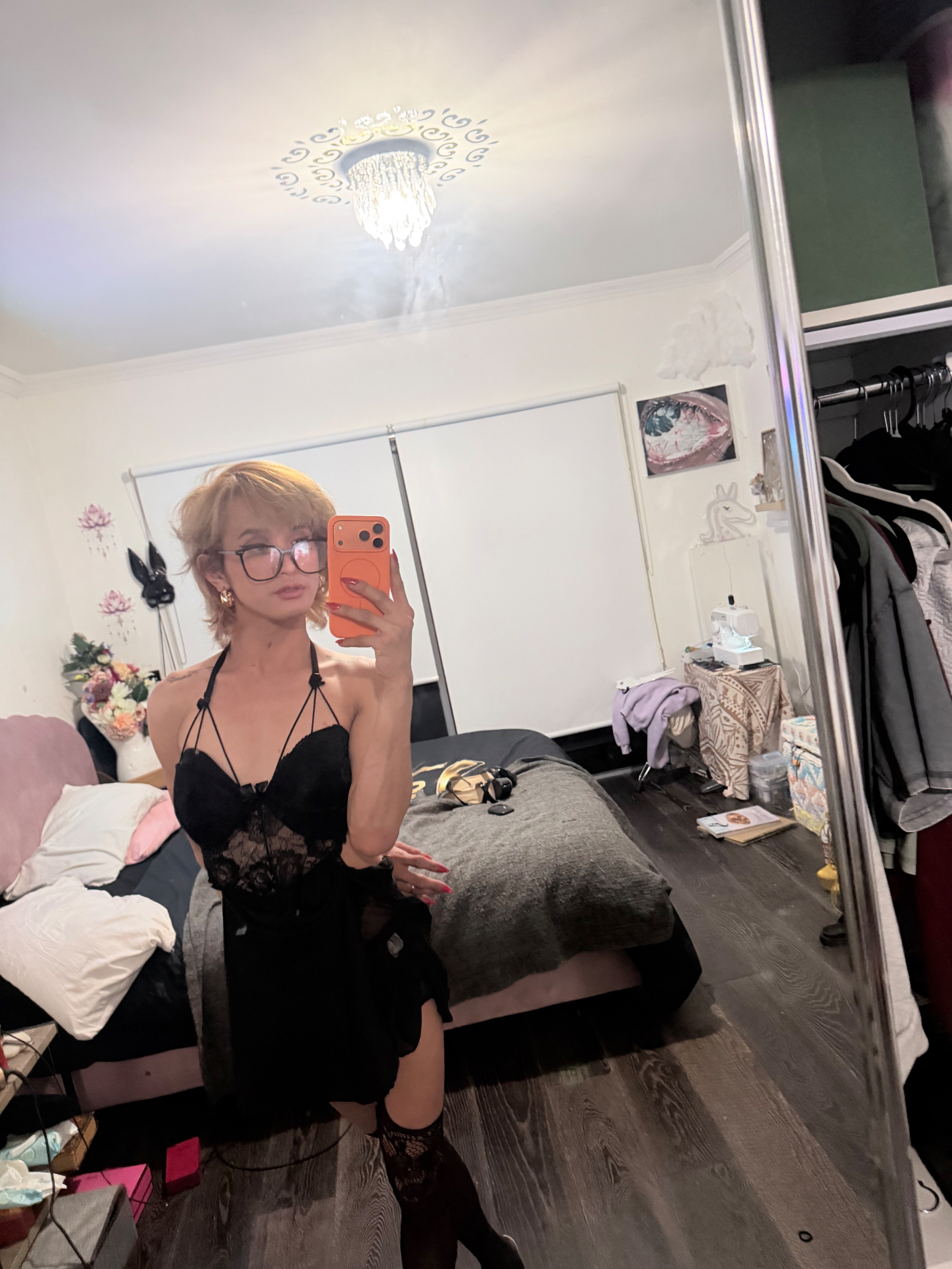 POR$CHA in black lace and glasses, bedroom mirror self-portrait