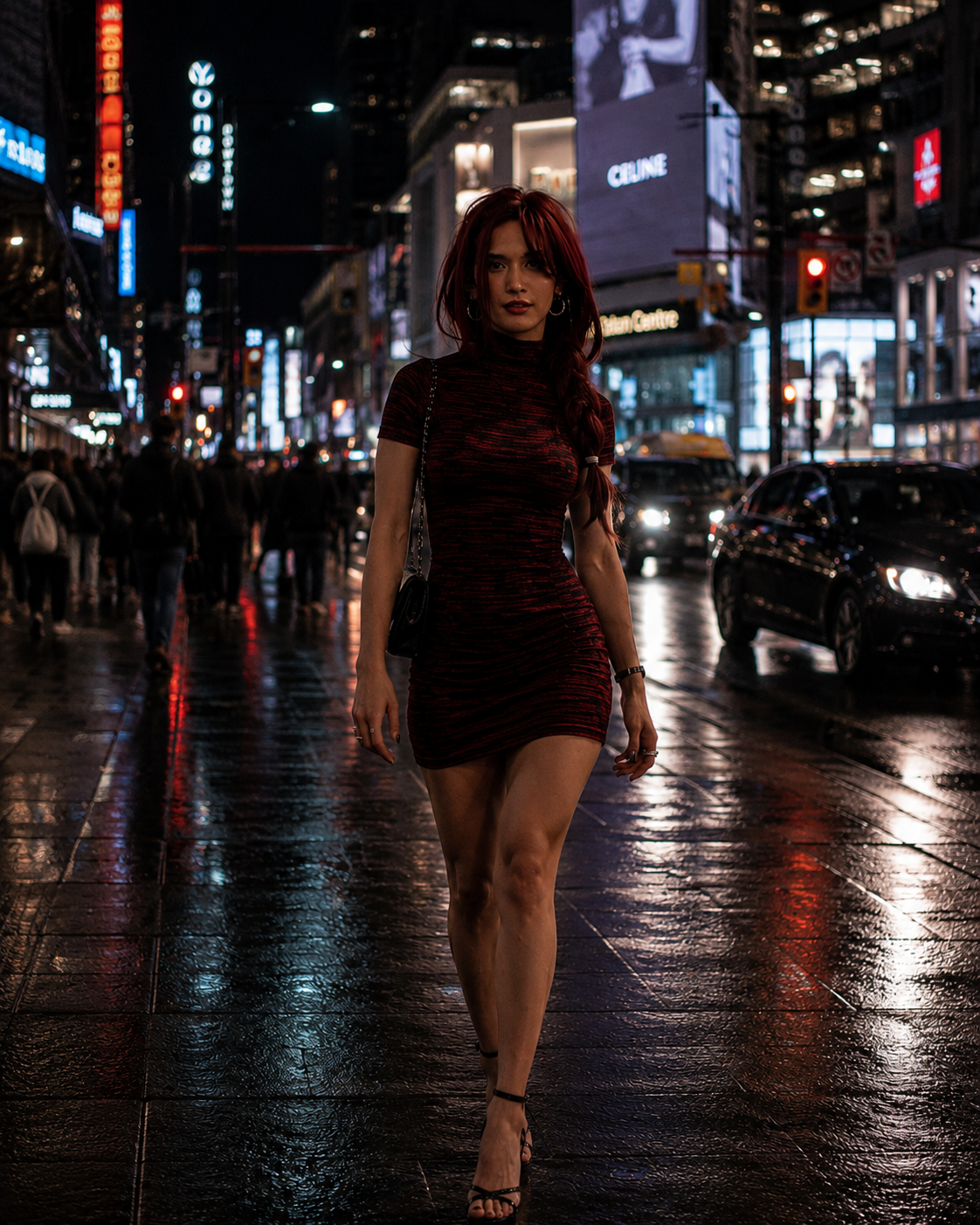POR$CHA in dark red dress walking a wet neon-lit street at night