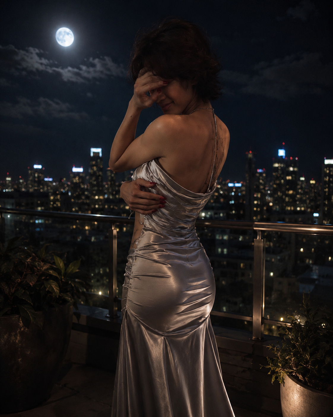 POR$CHA in silver satin on a balcony beneath a moonlit city skyline